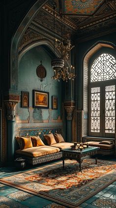 a living room filled with lots of furniture next to a large window and chandelier