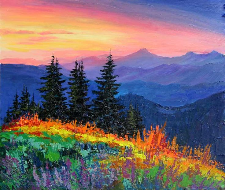 an oil painting of mountains and trees with colorful flowers in the foreground at sunset