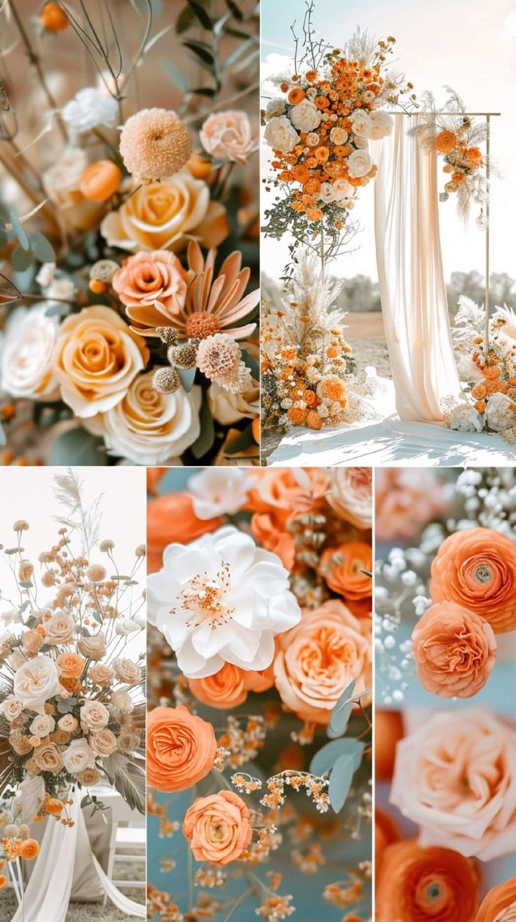 an orange and white wedding color scheme with flowers on the side, in different stages of blooming