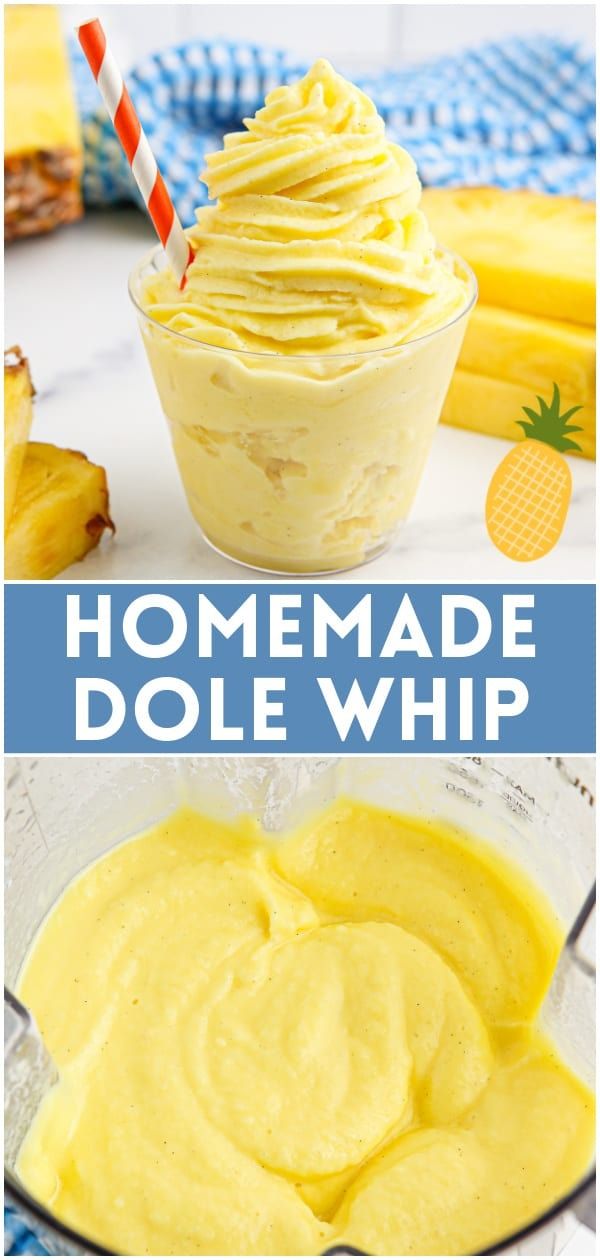 homemade dole whip in a glass bowl with pineapples and bananas behind it