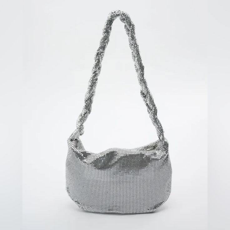 Shoulder Bag With Shiny Metallic Mesh Exterior. Lined Interior. Braided Shoulder Strap. Zip Closure. Height X Length X Width: 7.9 X 10.4 X 1.2 Inches (20 26.5 X 3 Cm) Zara Crossbody Party Bag, Zara Crossbody Bag For Party, Chic Silver Zara Shoulder Bag, Elegant Zara Shoulder Bag For Party, Chic Zara Shoulder Bag For Party, Chic Zara Evening Bag For Party, Silver Zara Shoulder Bag For Evening, Zara Silver Shoulder Bag For Evening, Zara Silver Evening Shoulder Bag