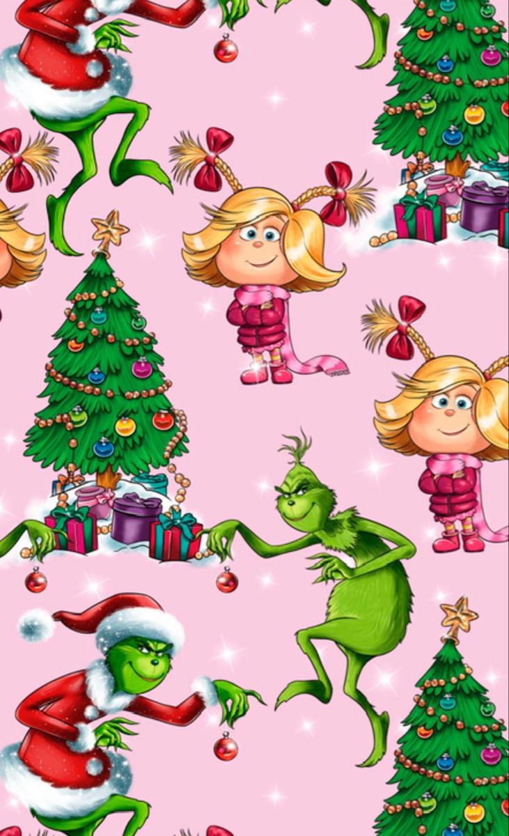 the grin's christmas tree and elfs are all over this pink wallpaper