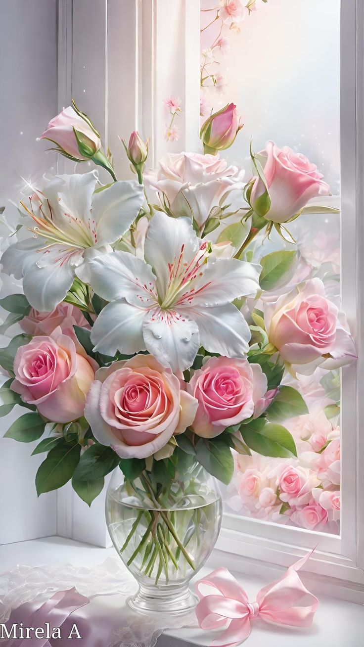 a vase filled with lots of pink and white flowers next to a window sill