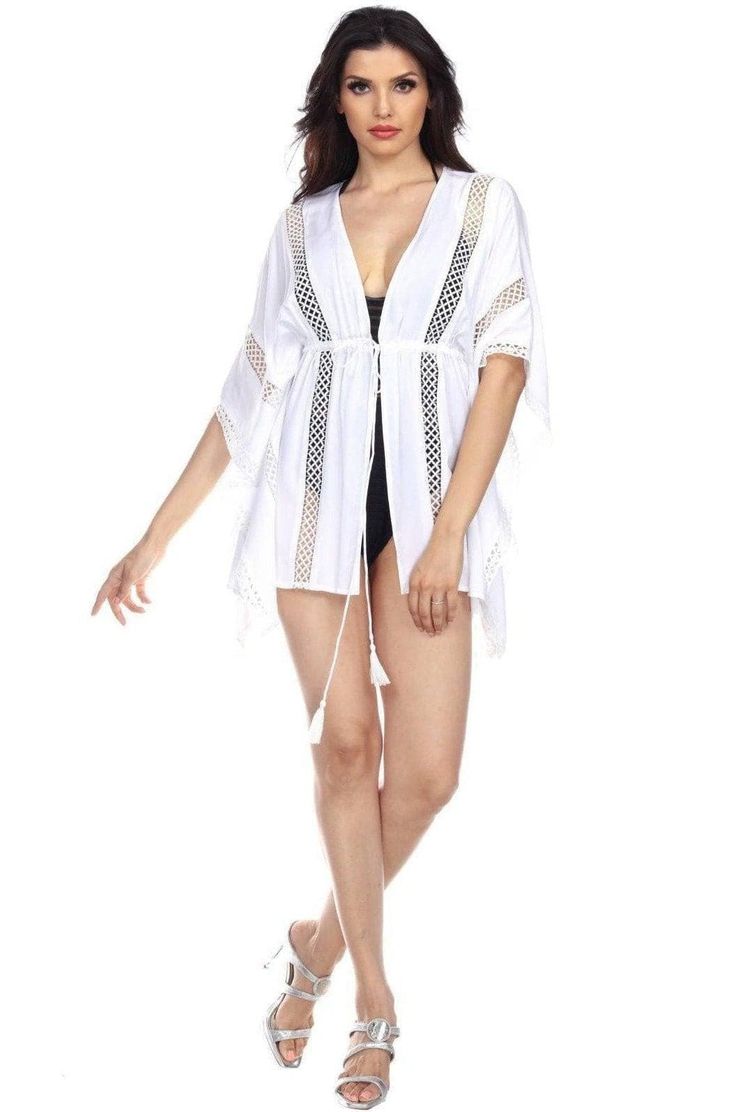 See-Through White Front Tie Beach Kaftan Kimono Cover-Up In Rayon - Hot Boho Resort & Swimwear White Open Front Swimwear For Beach Cover-up, Chic Cover-up For Resort Season Vacation, V-neck Summer Kaftan For Vacation, Beachy White V-neck Cover-up, Chic Summer Wrap Cover-up, Open Front Summer Beach Dress Cover-up, Beachy Wrap Cover-up For Poolside, White Open Front Swimwear For Beach Season, White Wrap Cover-up For Spring