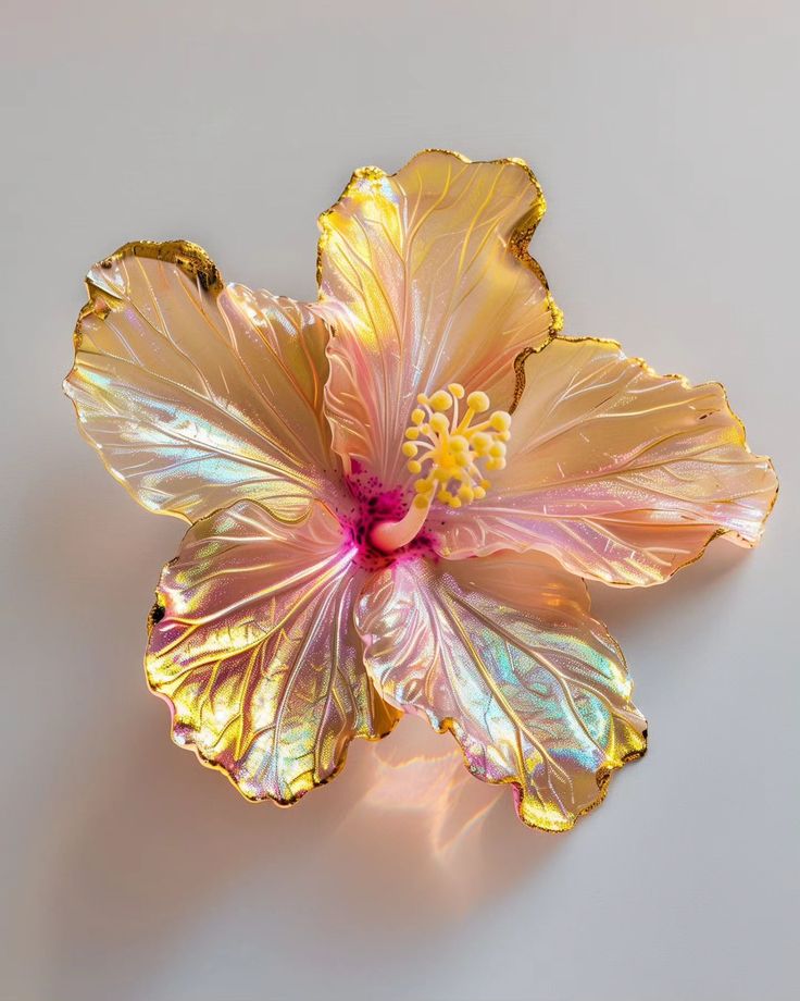 a pink and yellow flower on a white surface with light reflection from the petals to the center