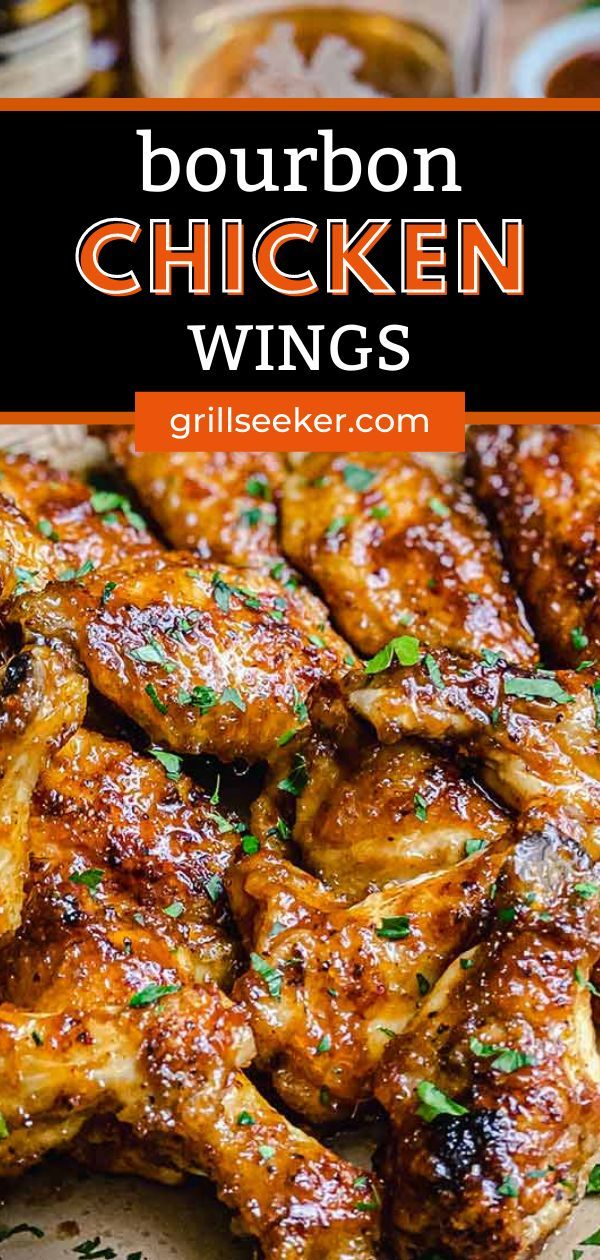 grilled chicken wings with parsley on top and text overlay that reads bourbon chicken wings