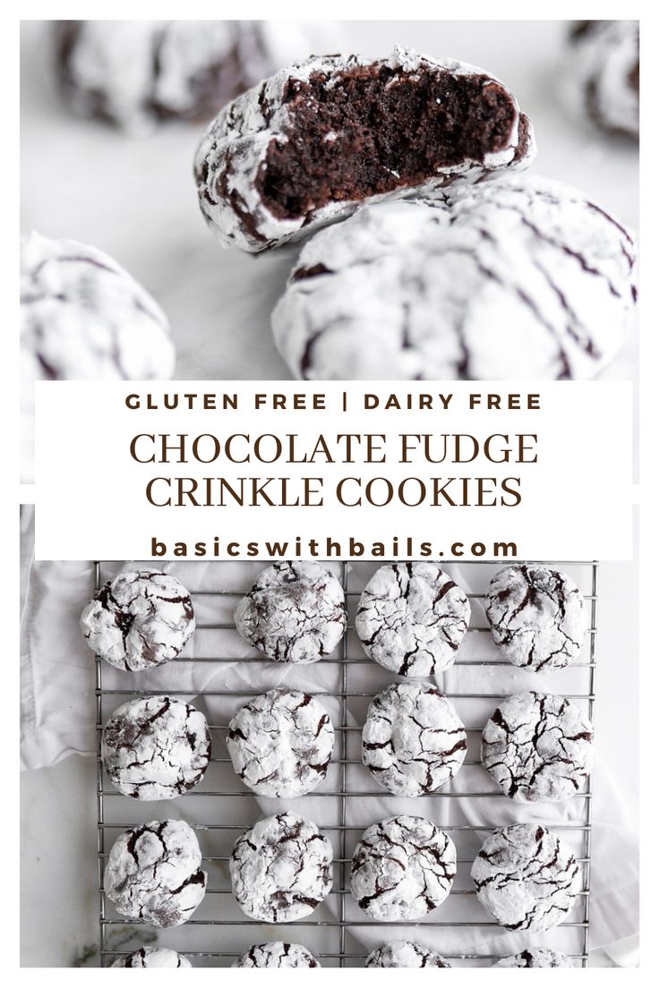 gluten free chocolate fudge crinkle cookies on a cooling rack with text overlay that reads gluten free i dairy free chocolate fudge crinkle cookies