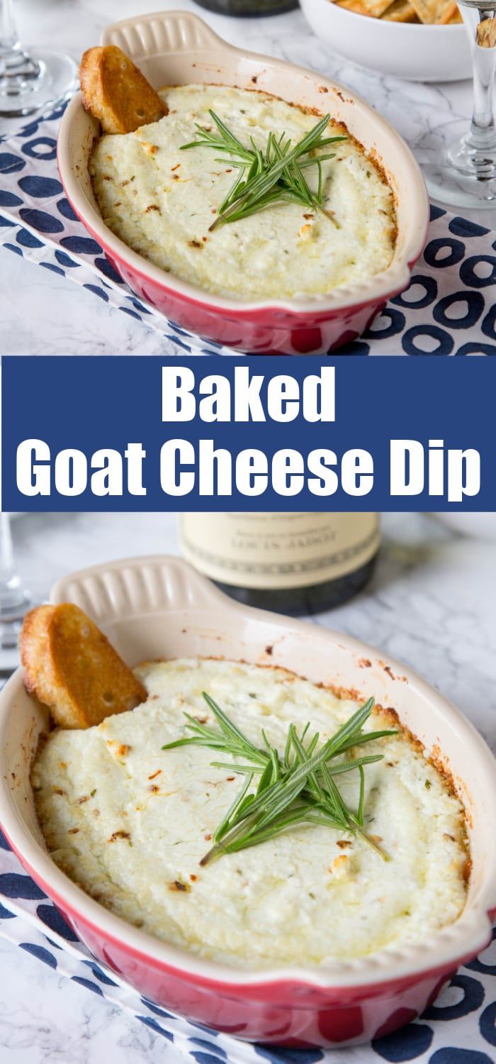 baked goat cheese dip with rosemary garnish in a red bowl on a blue and white tablecloth