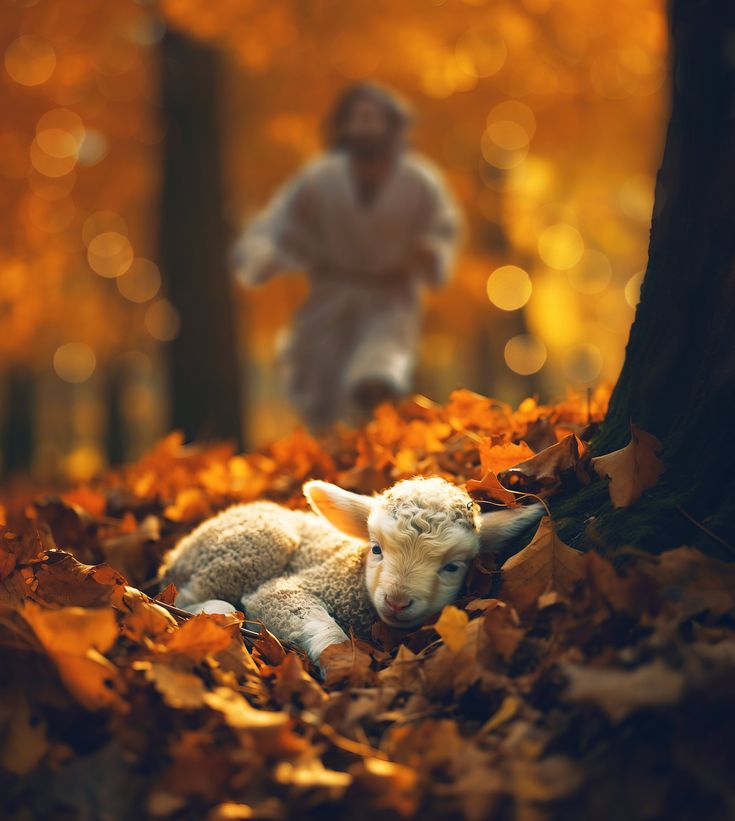 a baby lamb is laying in the leaves