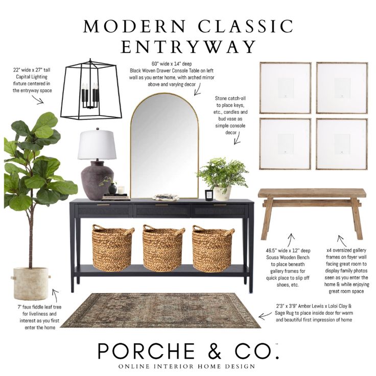 the interior design scheme for a modern classic entryway, with text describing how to use it