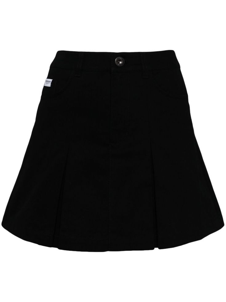 black cotton front button and zip fastening belt loops two side inset pockets mini logo tag Classic Cotton Mini Pleated Skirt, Classic Cotton Pleated Mini Skirt, Cotton Mini Skirt With Belt Loops For Work, Cotton Pleated Mini Skirt For Work, Cotton Mini Skort For Workwear, Classic Cotton Mini Skirt, Cotton Mini Skirt With Belt Loops, Cotton Pleated Skort, Cotton Mini Skort With Belt Loops