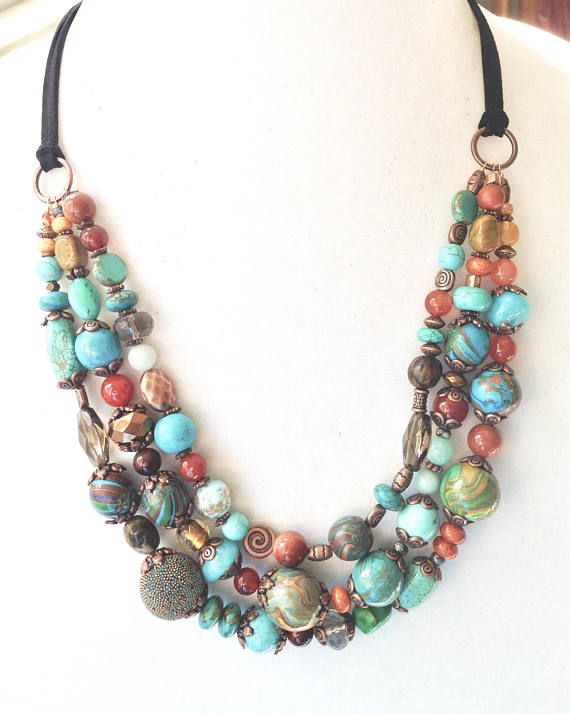 Handmade colorful necklace, women beaded jewelry necklace, multi strand necklace, south western boho Leather Beaded Necklace, Beaded Jewelry Necklaces, Diy Jewelry Necklace, Wrap Bracelets, Beading Projects, Hippie Jewelry, Western Boho, I Love Jewelry, Bead Leather