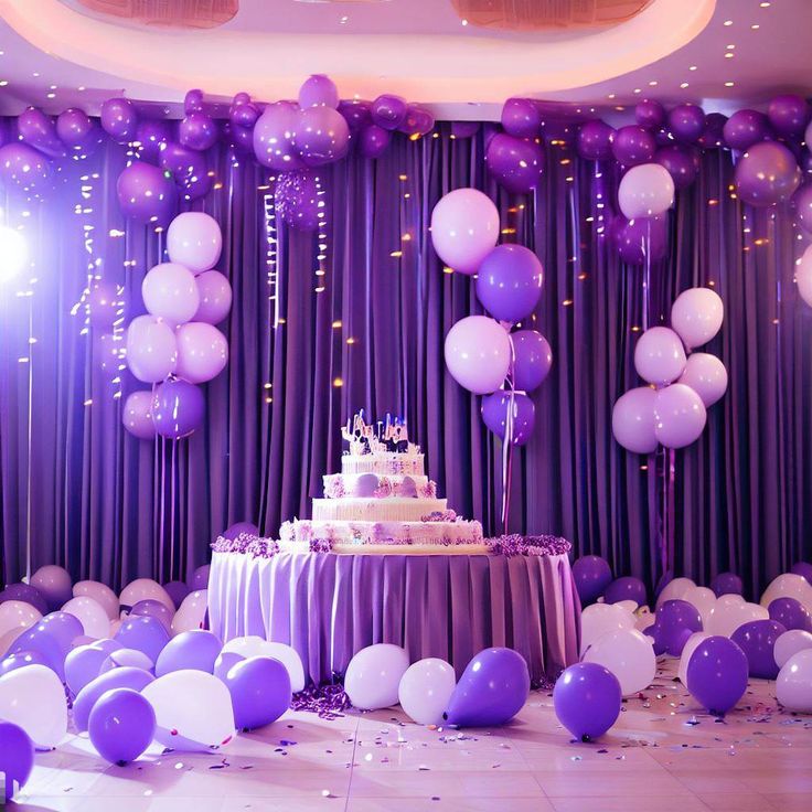 Purple party birthday decorations hall birthday party🎂🎉���🎈bts decor Purple White Birthday Decor, Birthday Party Decorations Banquet Hall, Birthday Hall Decorations, Purple Bday Decorations, Hall Birthday Party, Purple Birthday Theme, 21st Birthday Table Decorations, Graduation Party Purple, Purple Birthday Party Decorations