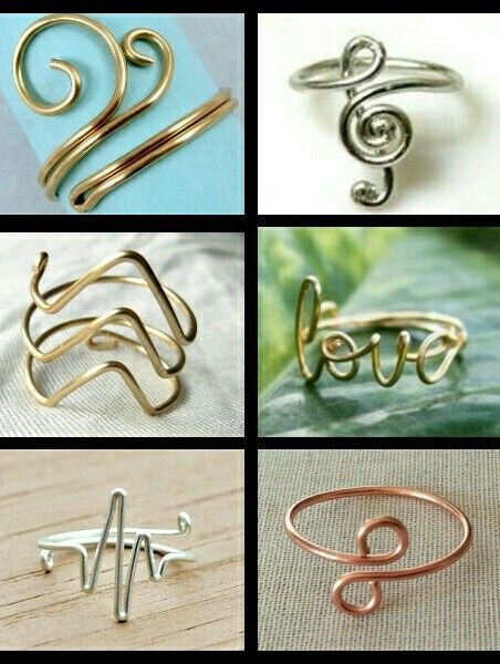 four different types of rings with the word love written on them, all in gold and silver