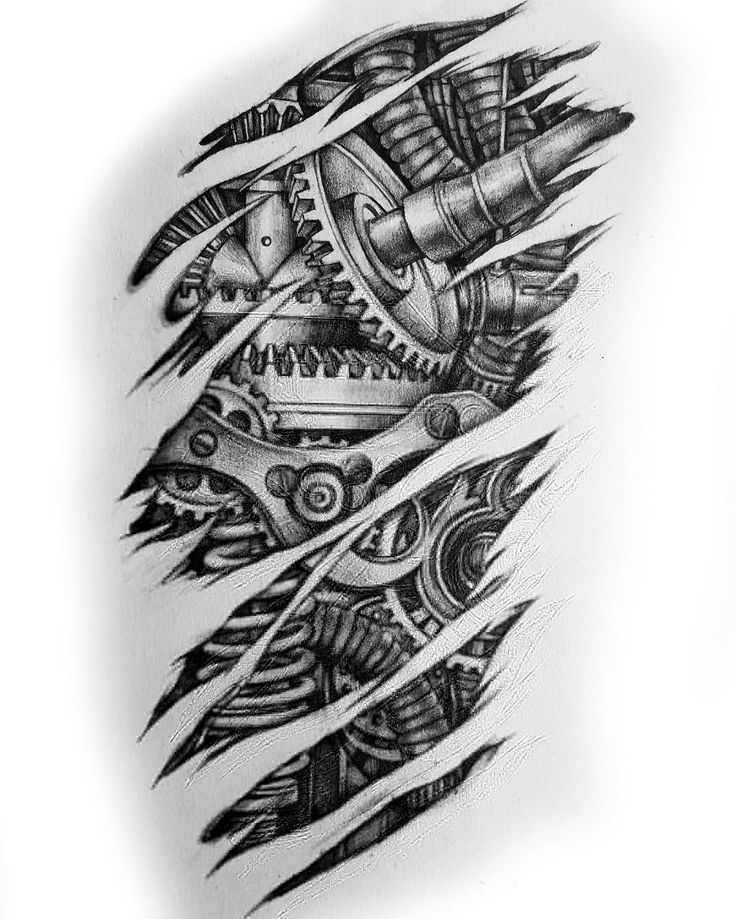 a black and white photo of a tattoo design with gears on the back of it