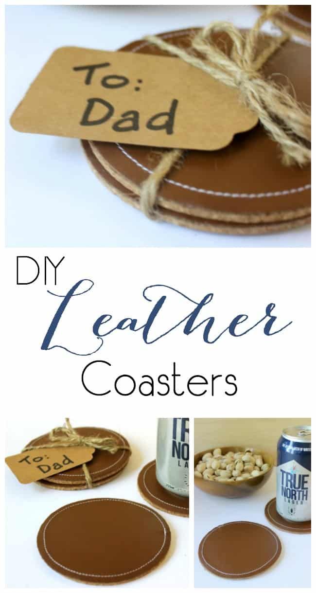 the instructions for leather coasters are shown in three different pictures, including one with a tag