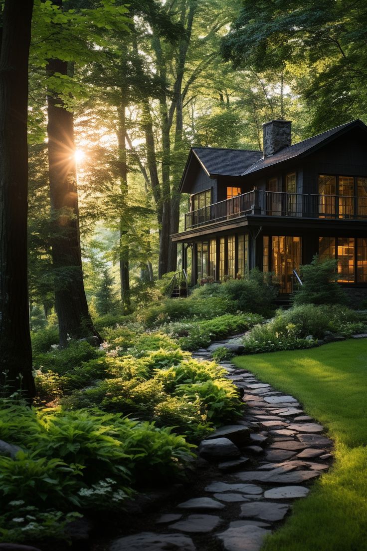 a house surrounded by trees and grass in the sunlit forest with stepping stones leading up to it