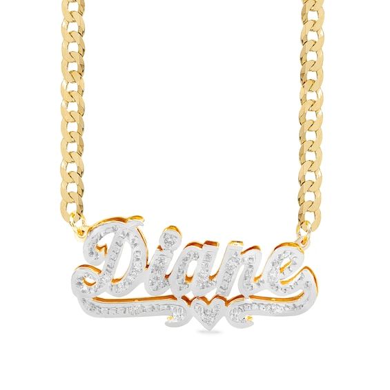 Prepare to dazzle in this diamond personalized nameplate necklace. Made in responsibly sourced sterling silver with 14K plated two-tone gold for everyday wear with proper care. Stone: Set with conflict-free 1/10 ct. t.w. diamonds Chain Length: 18 in. Chain Width: 3 mm Character LImit: 1-10 Silver Nameplate Necklace With Diamond Accents, Customizable White Gold Nameplate Necklace, Customizable Nameplate Necklace In White Gold, Anniversary Nameplate Jewelry With Curb Chain, Custom Nameplate Necklace In White, Personalized Cuban Link Diamond Jewelry, Customizable White Nameplate Necklace, White Custom Nameplate Necklace, Custom White Nameplate Necklace