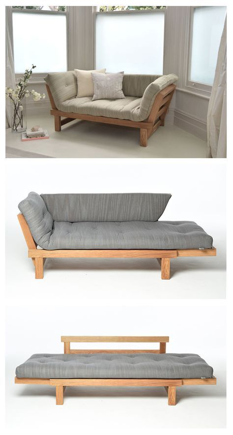 three different views of the same couch and bed, one in grey with wood frame