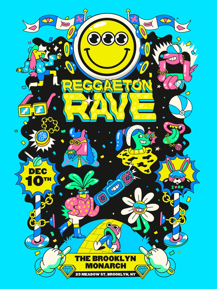 an advertisement for the brooklyn rave festival with smiley faces and other cartoon characters on it