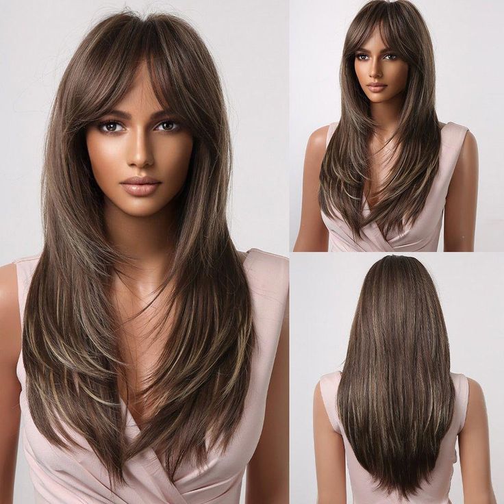 Buy Long Layered Synthetic Dull Brown Wig with Bangs for only $52.00 at HairNjoy! Long Straight Layered Hair, Long Straight Layers, Brown To Blonde Ombre, Straight Layered Hair, Natural Straight Hair, Brown With Blonde Highlights, Blonde Layers, Brown Wig, Hair Replacement