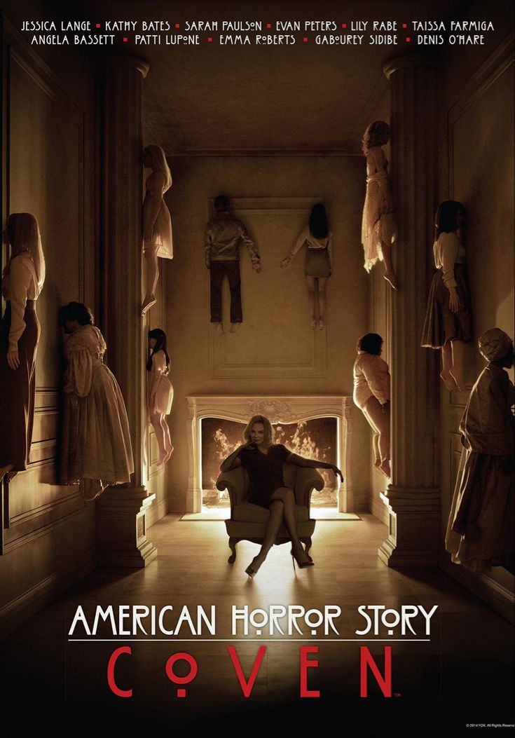 an american horror story poster with people in the background and one person sitting on a chair