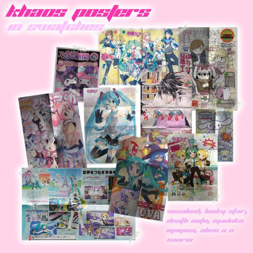 an assortment of anime posters on a pink background