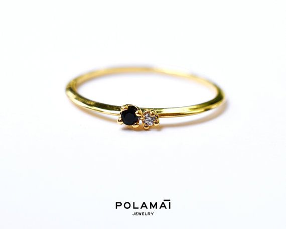 Black and White Diamond Ring . Diamond Stacking RIng . by Polamai Minimal Ring, Diamond Rings Design, Diamond Stacking Rings, Gold Rings Fashion, White Diamond Ring, Black Diamond Ring, Minimal Jewelry, Ring Dainty, Ring Diamond