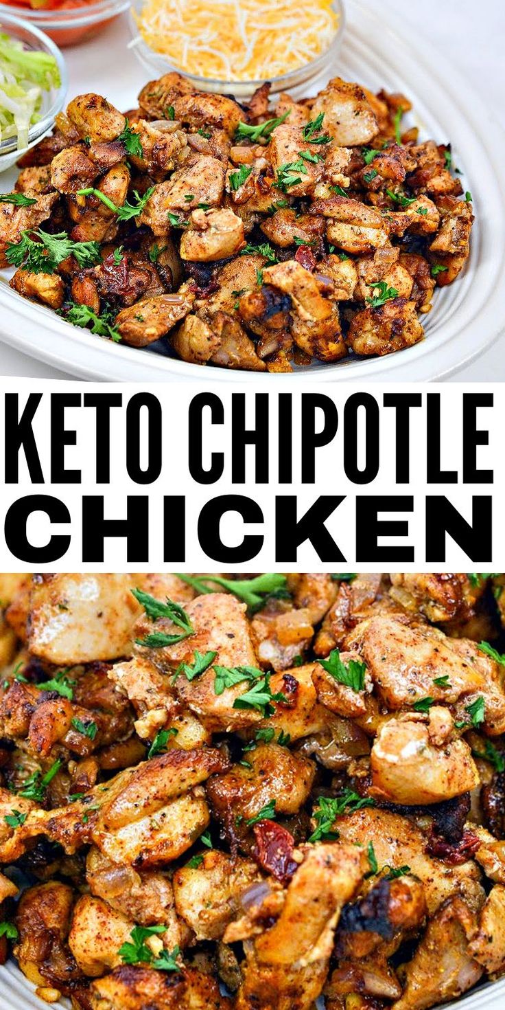 the keto chipote chicken is served on a white platter with lettuce and tomatoes