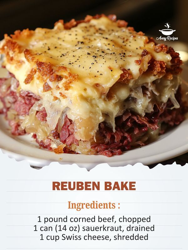 the recipe for reuben bake is shown on a white plate with an information card