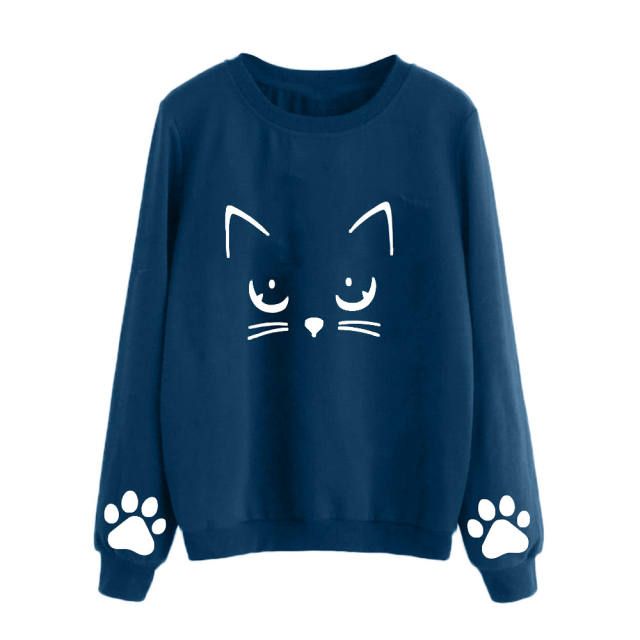 Casual Winter Tops With Cat Print, Winter Cotton Top With Cat Print, Casual Long Sleeve Tops With Cat Design, Blue Casual Sweatshirt With Cartoon Print, White Long Sleeve T-shirt With Cat Design, Casual Long Sleeve Sweatshirt With Cat Print, Casual Crew Neck Sweatshirt With Cat Print, Casual Cat Design Tops For Fall, Casual Crew Neck Top With Cat Print