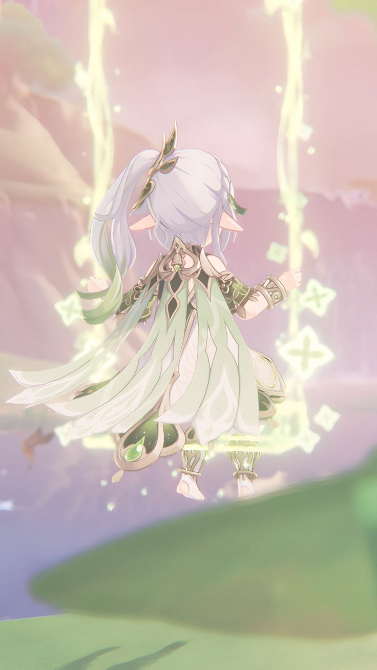 an anime character with long white hair standing in front of a green and pink background