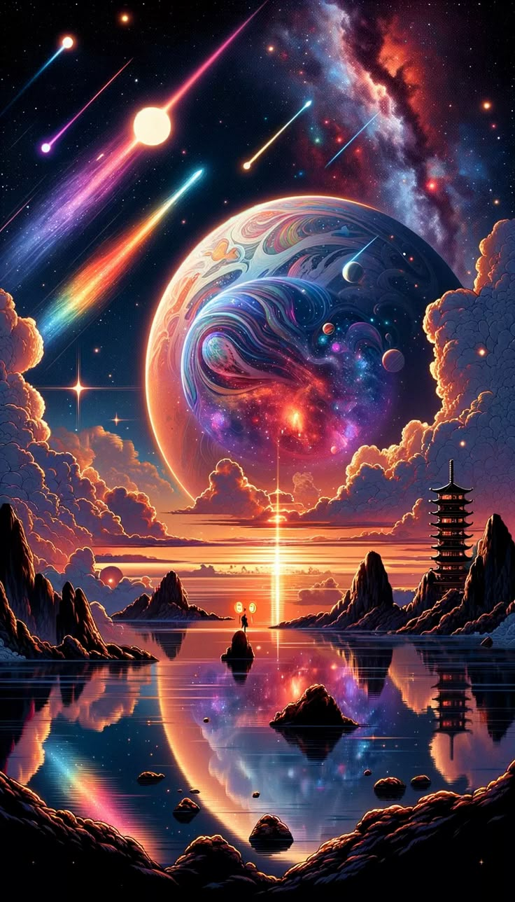 an image of a space scene with planets in the sky and stars on the horizon