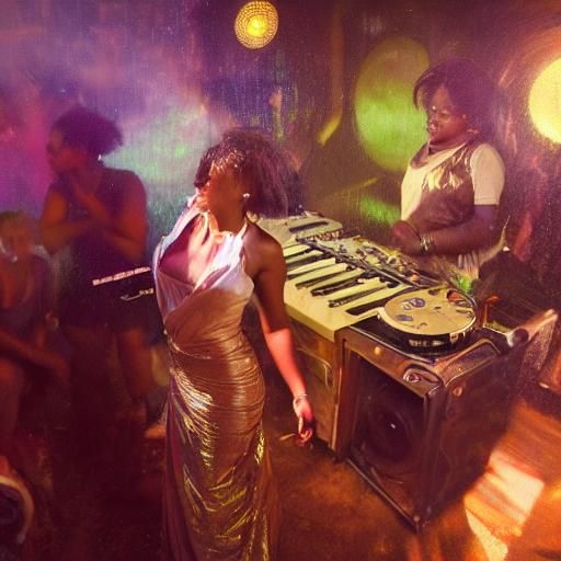 a woman in a gold dress standing next to a dj's equipment at a party