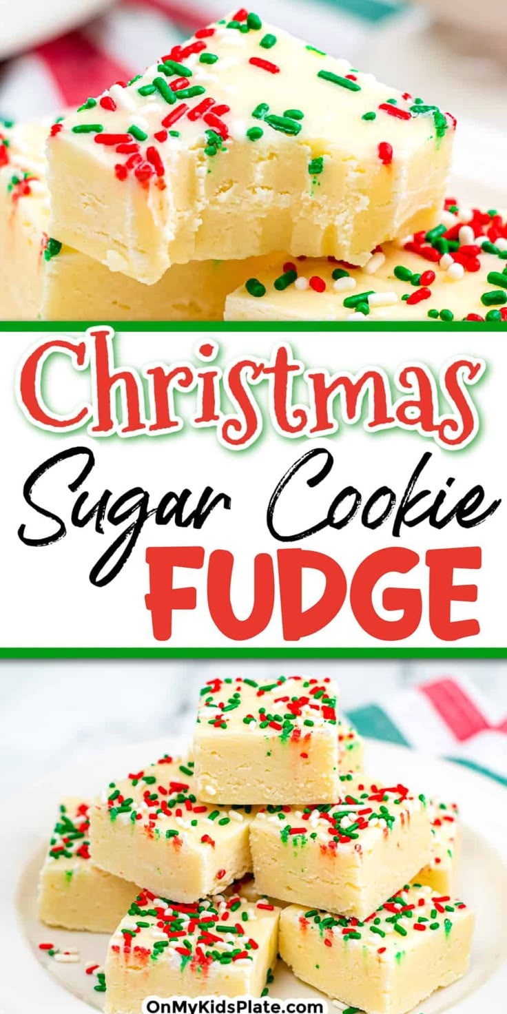 christmas sugar cookie fudge on a white plate with sprinkles and green border