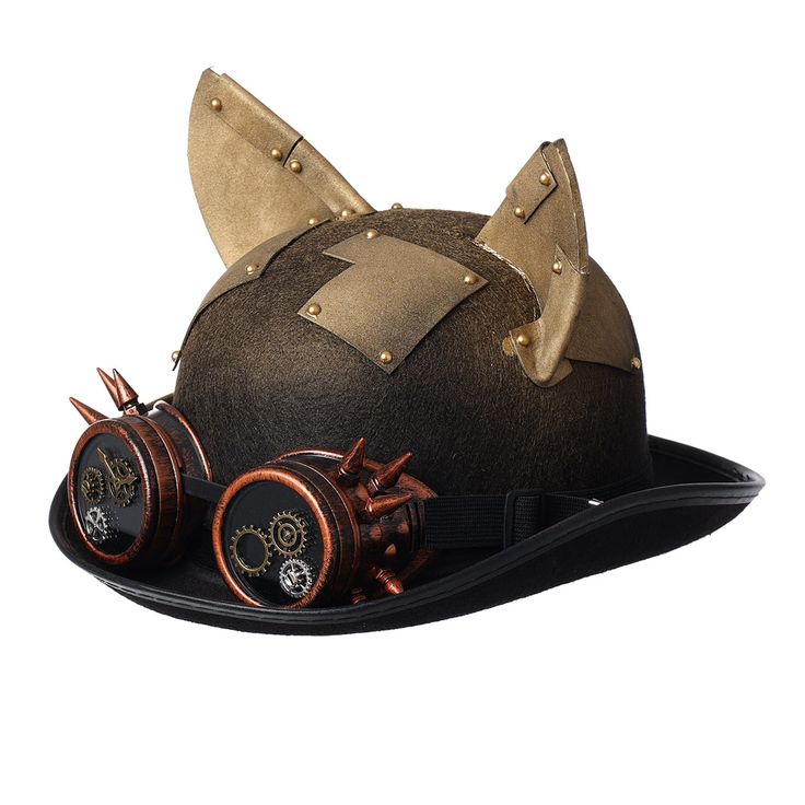 The Steampunk Bowler Hat with Goggles is certainly one of the cutest of the collection. A very original steampunk hat with its two little cat ears. This is the hat you need if you want to approach your costume in a relaxed way. A pair of glasses is integrated to the hat to bring a beautiful steampunk touch to the outfit. Be comfortable: enjoy high-quality materials For events: Steampunk, Gothic, Victorian ⚙️ Ultra-original hat: Cat ears and goggles Vintage Steampunk Style: unique details, classy Fitted Novelty Costume Accessories With Cat Ears, Novelty Brimmed Costume Accessories For Costume Party, Novelty Cat Ears Costume Hat For Cosplay, Adjustable Novelty Mini Hat For Cosplay, Steampunk Costume Accessories With Brimmed Shape, Steampunk Brimmed Costume Accessories For Party, Steampunk Brimmed Costume Accessories For Costume Party, Vintage Hat Costume Accessories For Cosplay, Steampunk High Crown Costume Accessories For Cosplay