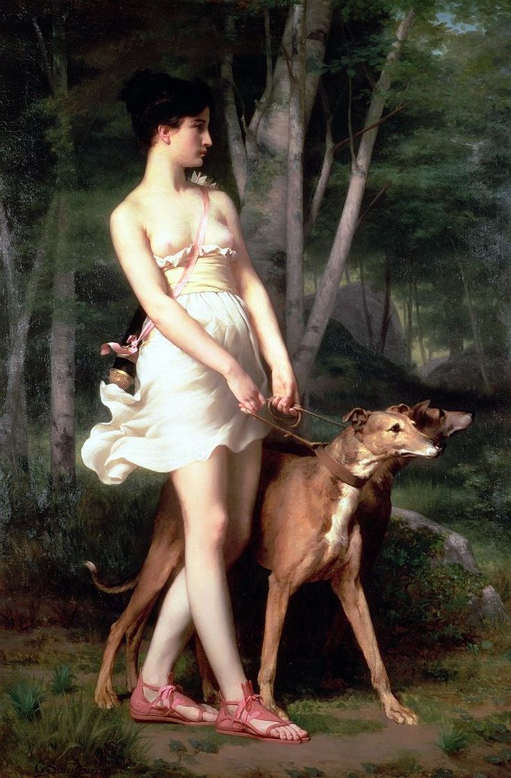 a painting of a woman in white dress walking a dog through the woods with trees behind her