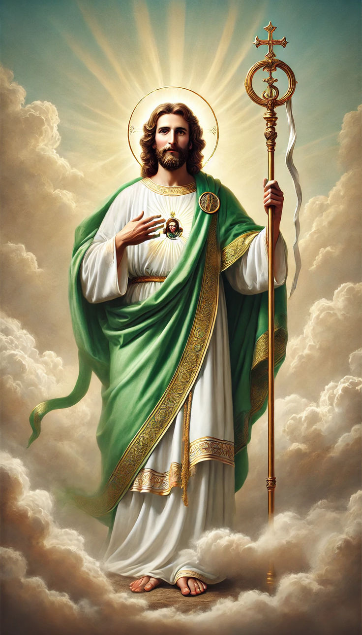 the image of jesus holding a cross and a staff in his hand with clouds behind him