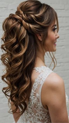 a woman with long hair wearing a wedding dress