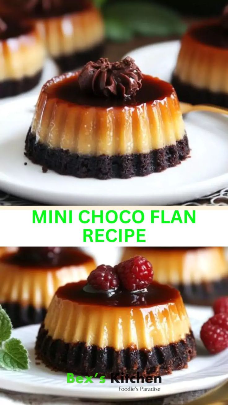 mini chocolate flan cheesecake with raspberries on the top and below it