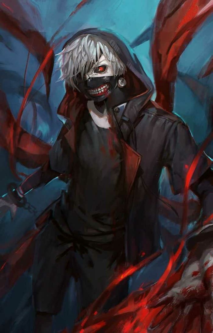 an anime character with white hair and red eyes, wearing a black coat and holding a knife