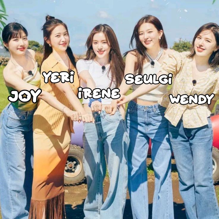 four girls are standing together in front of a car and the caption says, teri seulgi joy friend wendy