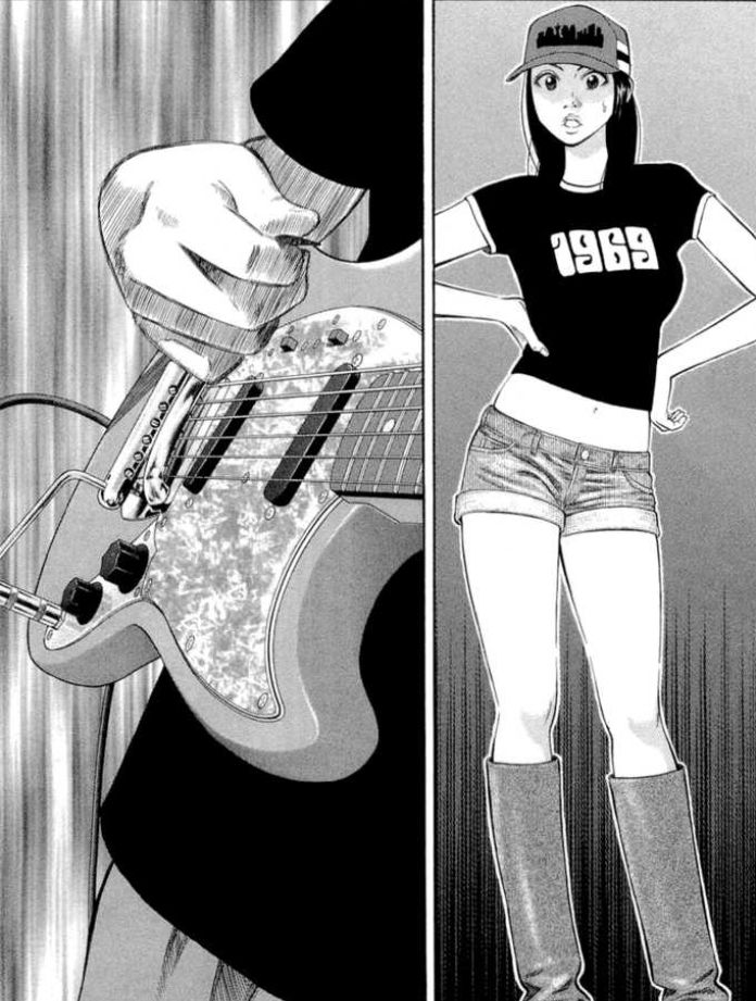 an anime character holding a guitar in her hand and looking at the other person's arm