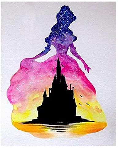 the silhouette of a princess standing in front of a castle with stars and watercolors