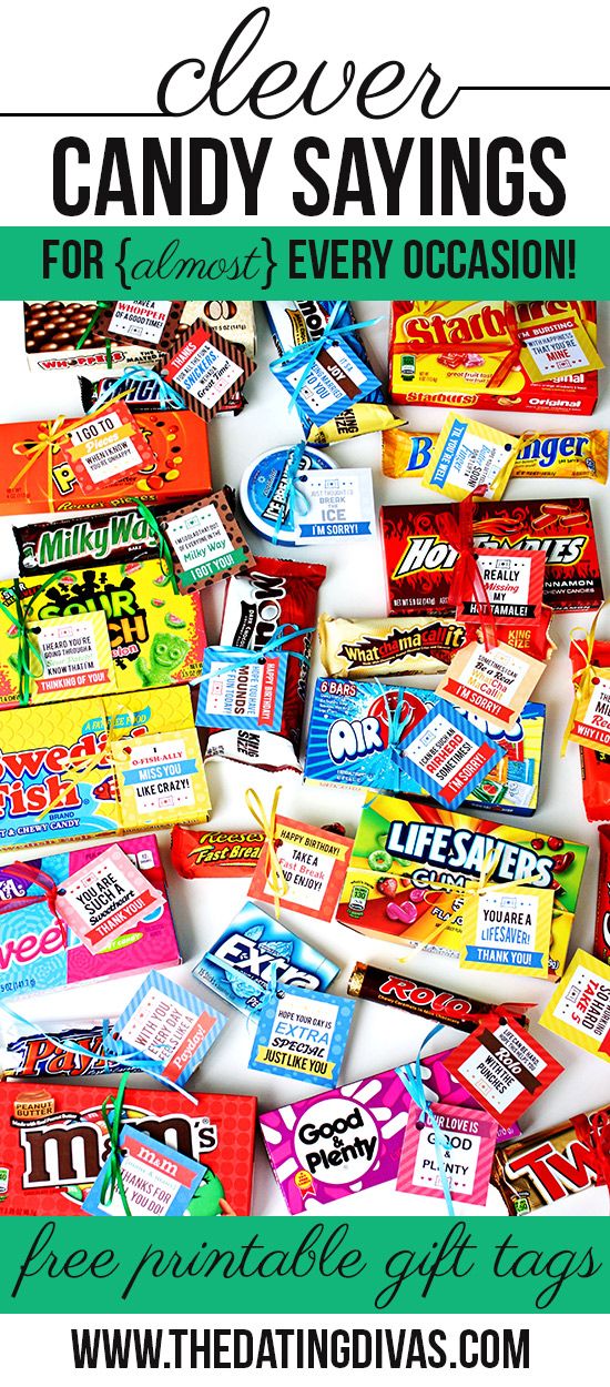 many candy bars are stacked together with the words clever candy sayings for every occasion