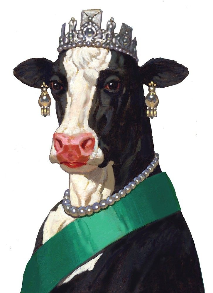 a painting of a cow wearing a tiara