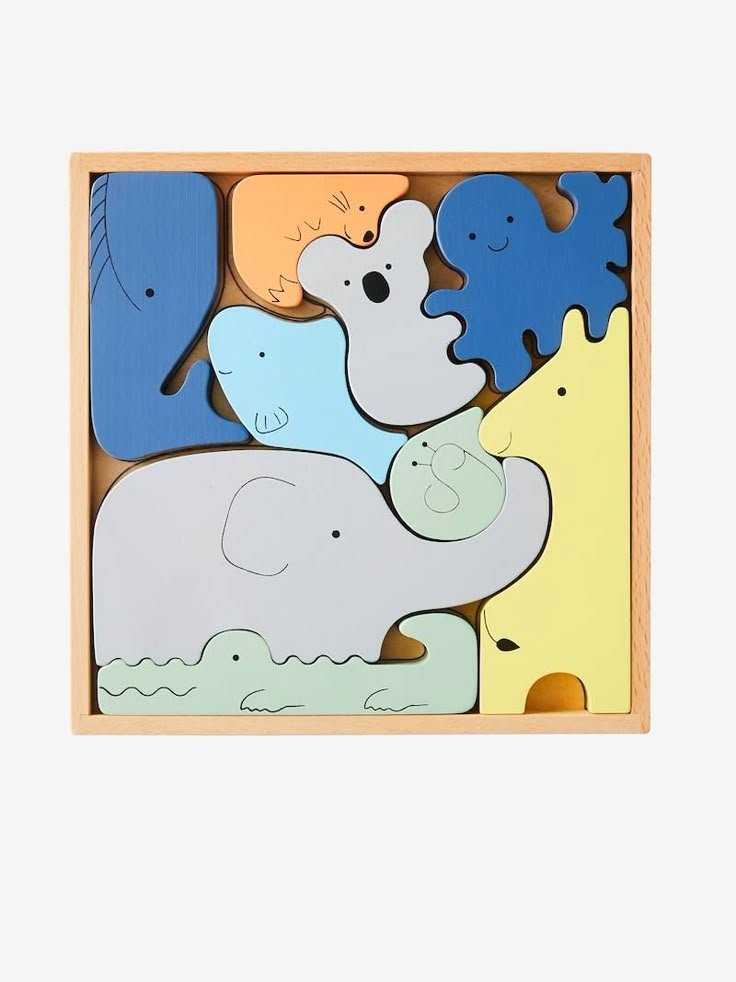 an elephant and giraffe puzzle in a wooden box with blue, yellow, orange, and green shapes