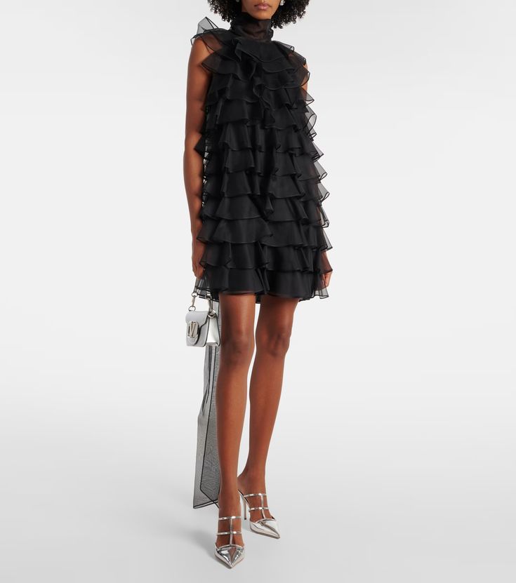 Ruffled silk organza minidress in black - Valentino | Mytheresa Organza Tops, Embroidered Organza Dress, Valentino Clothing, Lace Pumps, Organza Blouse, Velvet Pumps, Organza Dress, Rene Caovilla, Black Suede Pumps