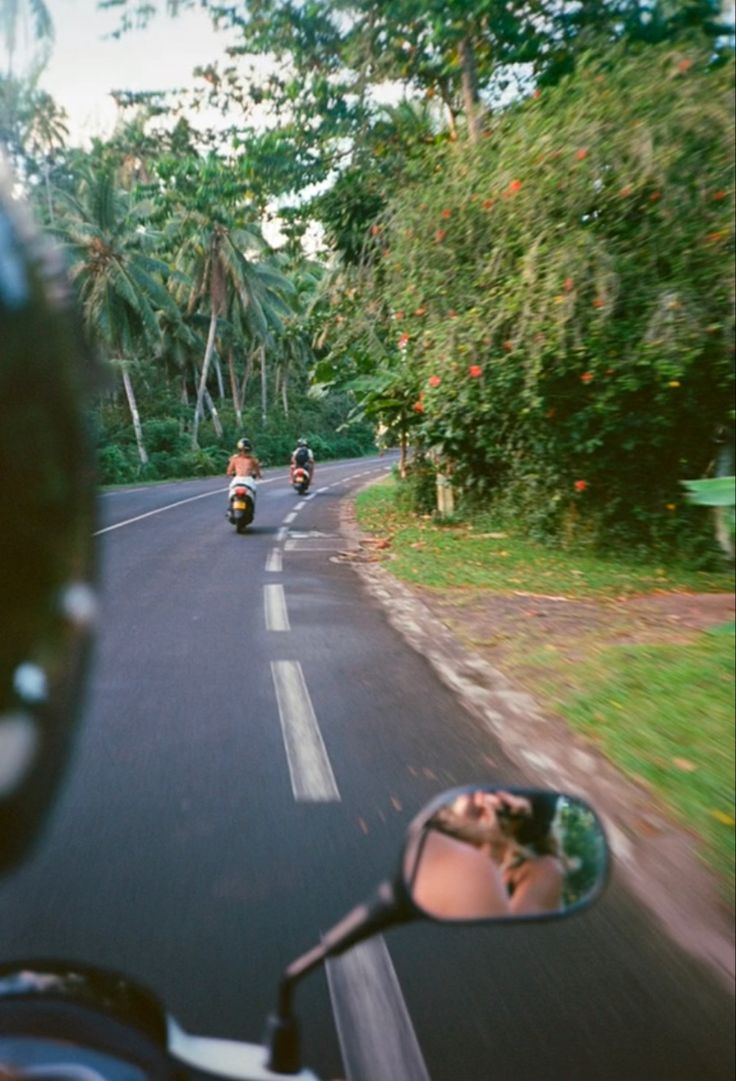 two motorcyclists are riding down the road in front of trees and bushes