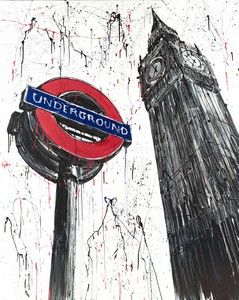 a painting of the london underground sign and big ben in england, with paint splattered on it